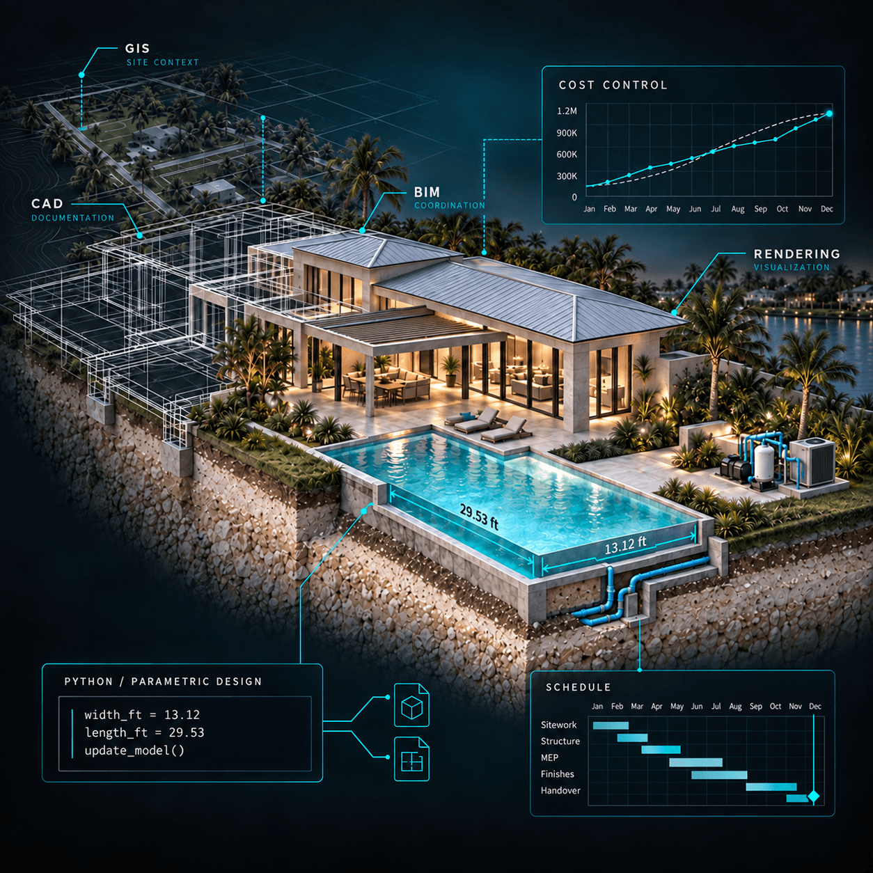 Modern villa cross-section showing CAD documentation, BIM coordination, GIS site context, rendering visualization, schedule, and cost control overlays