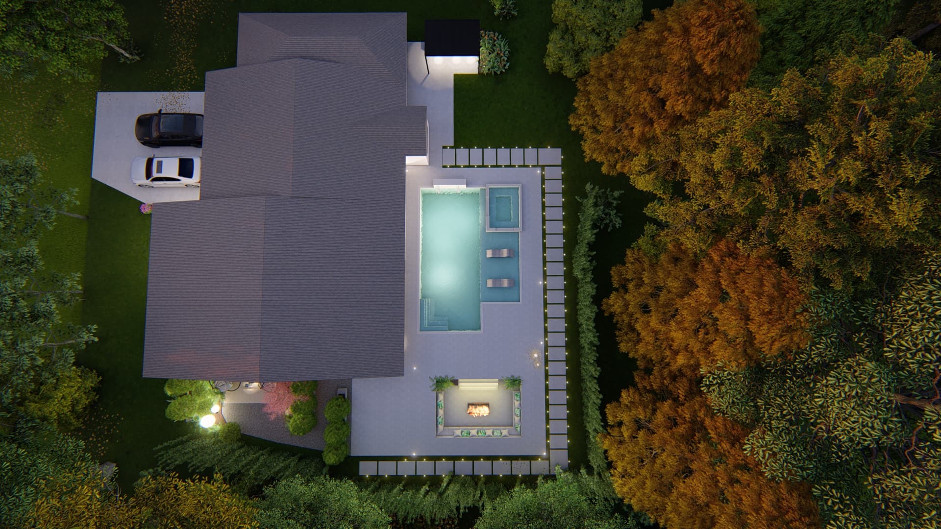 Residential outdoor living space with pool and landscape rendering